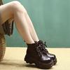 Johnature Runde Zehenpartie Plateau Kurze Stiefel Retro Echtes Leder Dicke Sohle Höhenvergrößernd Damenschuhe