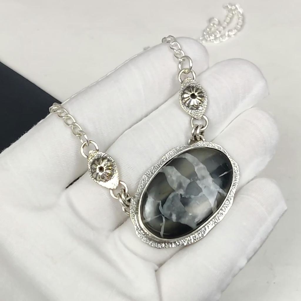 Natural Mud Crack Jasper Gemstone Handmade 925 Sterling Silver Electroform Necklace, Mud Crack Jasper Silver For Wife Unisex Pendant Birthday Gift