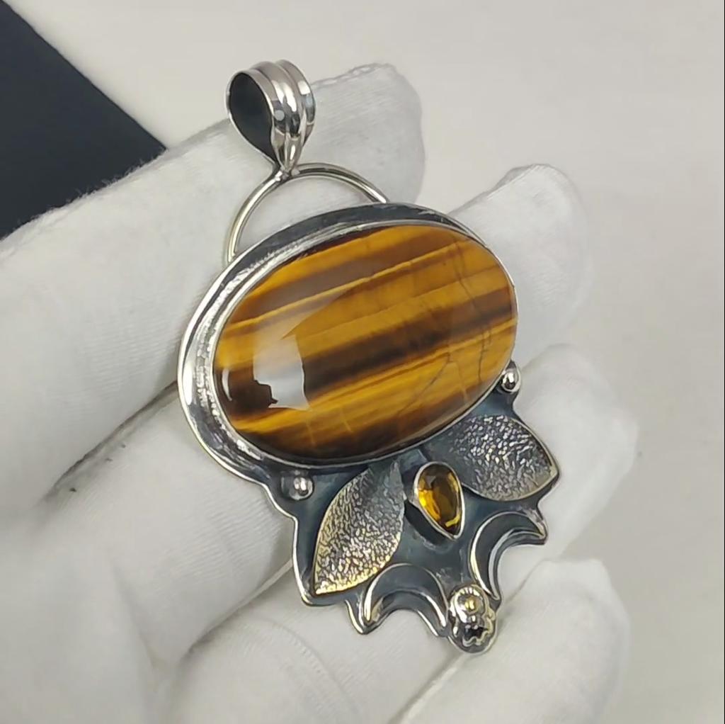 Natural Tiger Eye, Citrine Gemstone Silver Pendant in 925 Sterling Silver- Handmade Design, Everyday Wear Jewelry, Unique Pendant Party Wear Gift