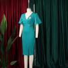Office Ladie Bodycon Dresses V Neck Short Sleeve Solid Package Hips Mid Calf Professional Business Work Robe Dress