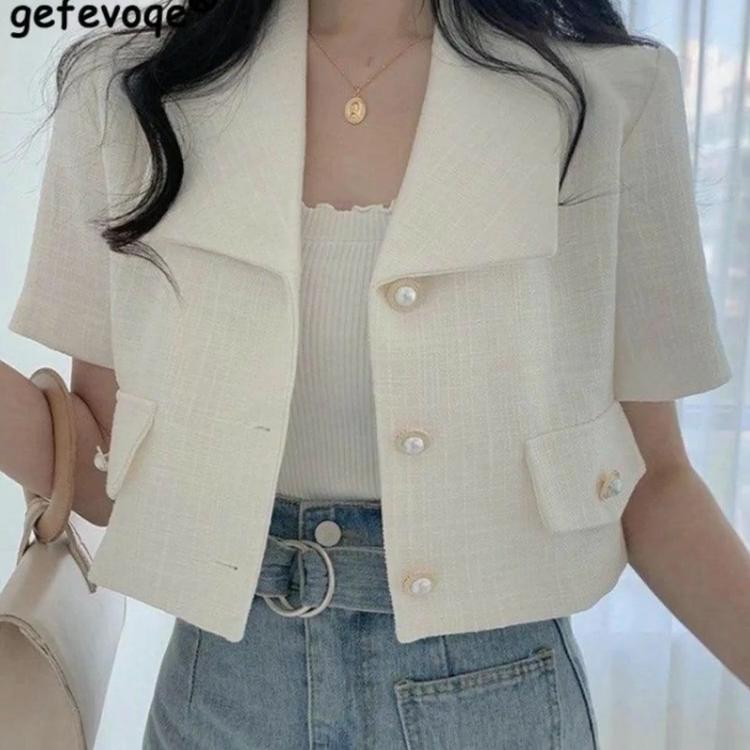 Primăvară Toamnă Decolteu Polo Elegante Naturi Palton Femeie Mânecă scurtă Nasturi simpli Blazere Ocazional Moda Jachetă All-match