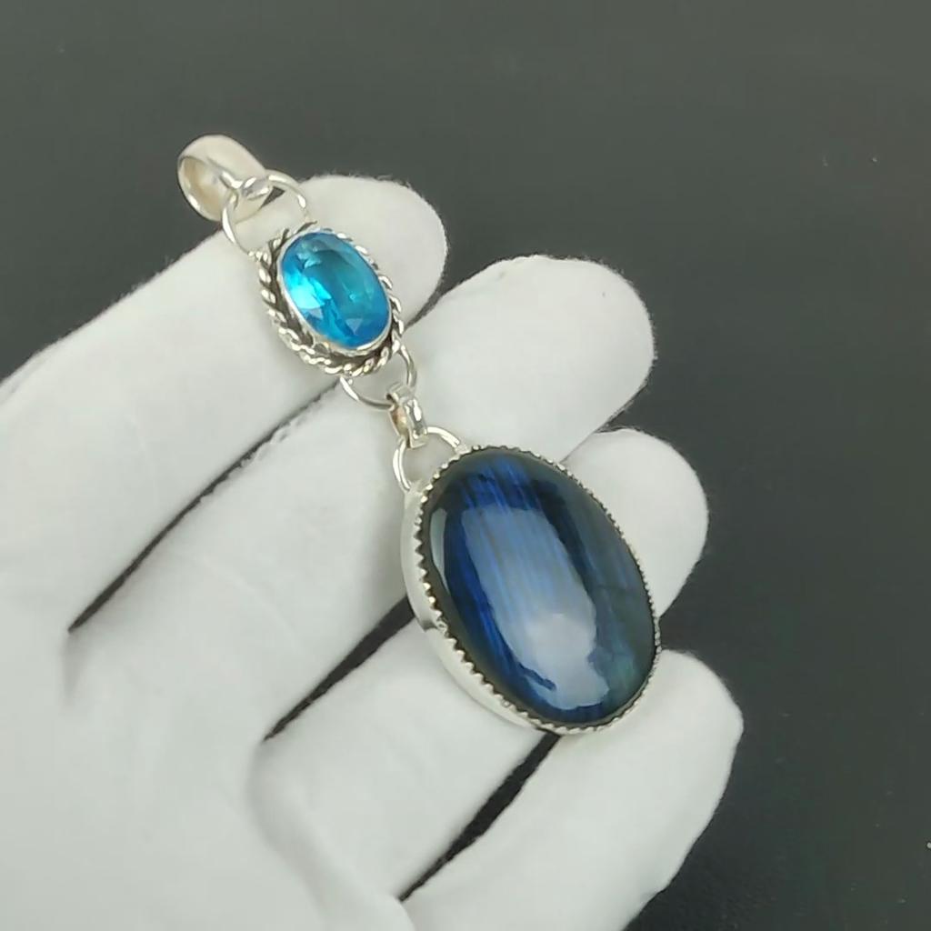 Labradorit Hänge, 925 Sterling Silver Handgjorda Smycken, Blå Topaz Silverhänge, Fest Smycken för Dam, Hänge Förlovningspresent