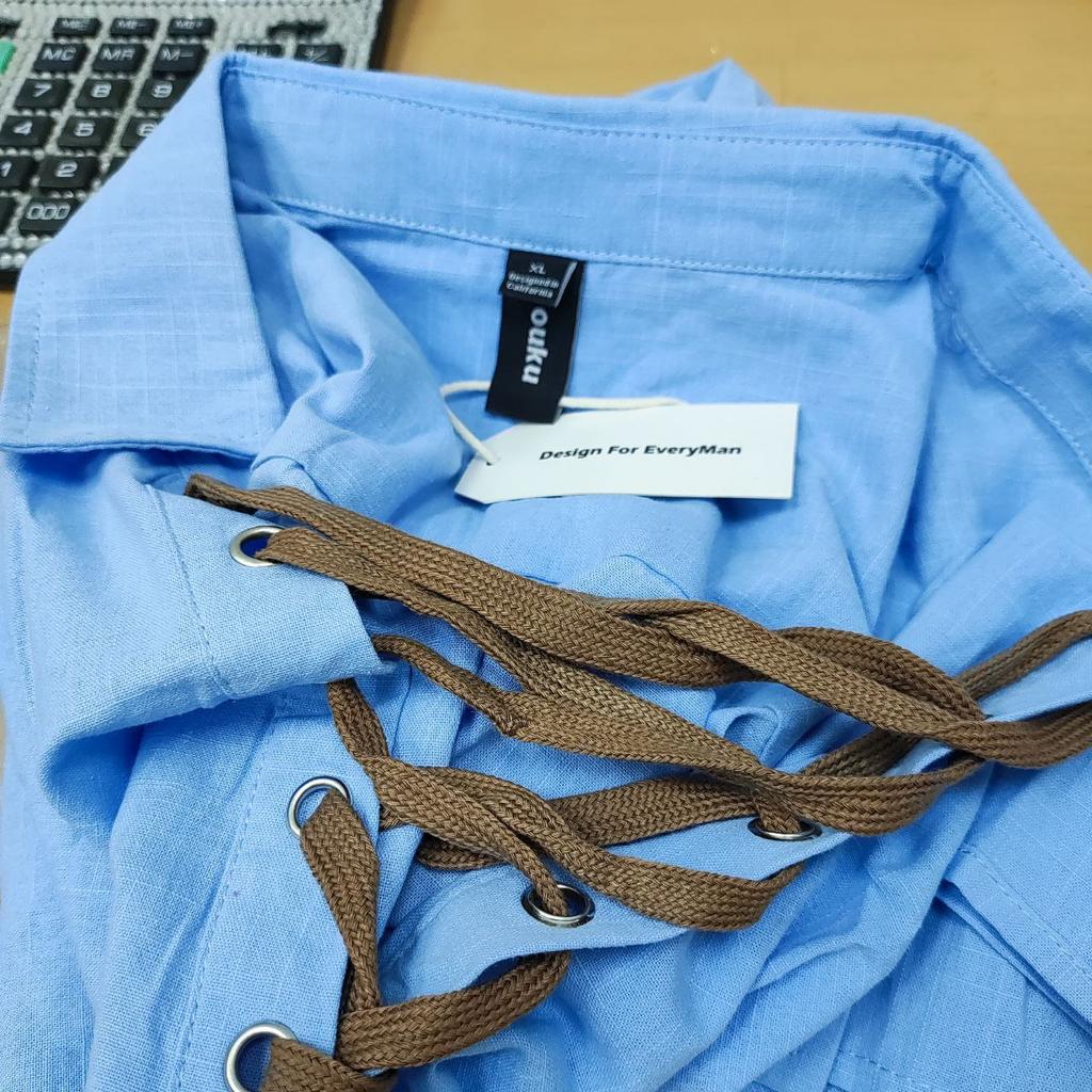 Camicia a maniche lunghe da uomo, vintage, con scollo a V, casual, per attività all'aperto, con lacci, vintage, a maniche lunghe, con colletto alto