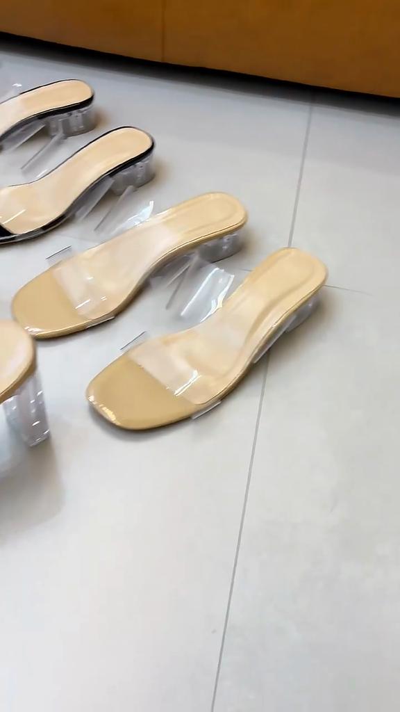 Women's Summer Clear Strap Slide Sandals, Chunky High Heel Transparent Crystal Heel Slippers Slip-On Shoes