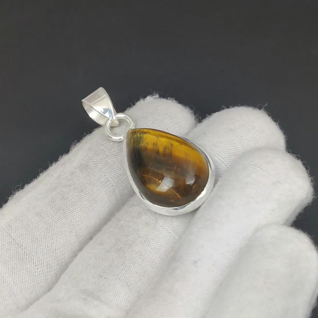 Natural Tiger Eye Gemstone Silver Pendant in 925 Sterling Silver- Handmade Design, Everyday Wear Jewelry, Unique Pendant Engagement Gifts