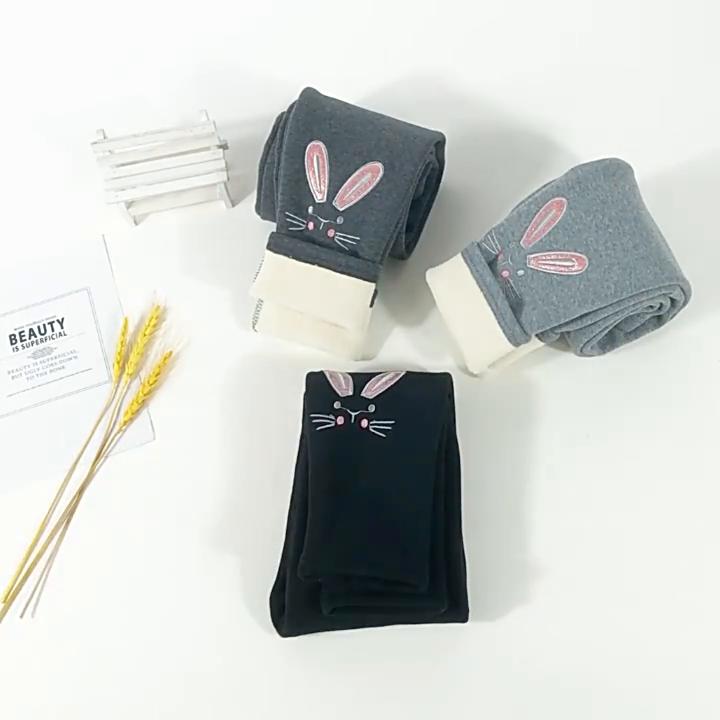 Girls Winter Cotton Plus Velvet Padded Leggings Children's Warm Pants, Cartoon Bunny Embroidery Baby Trousers