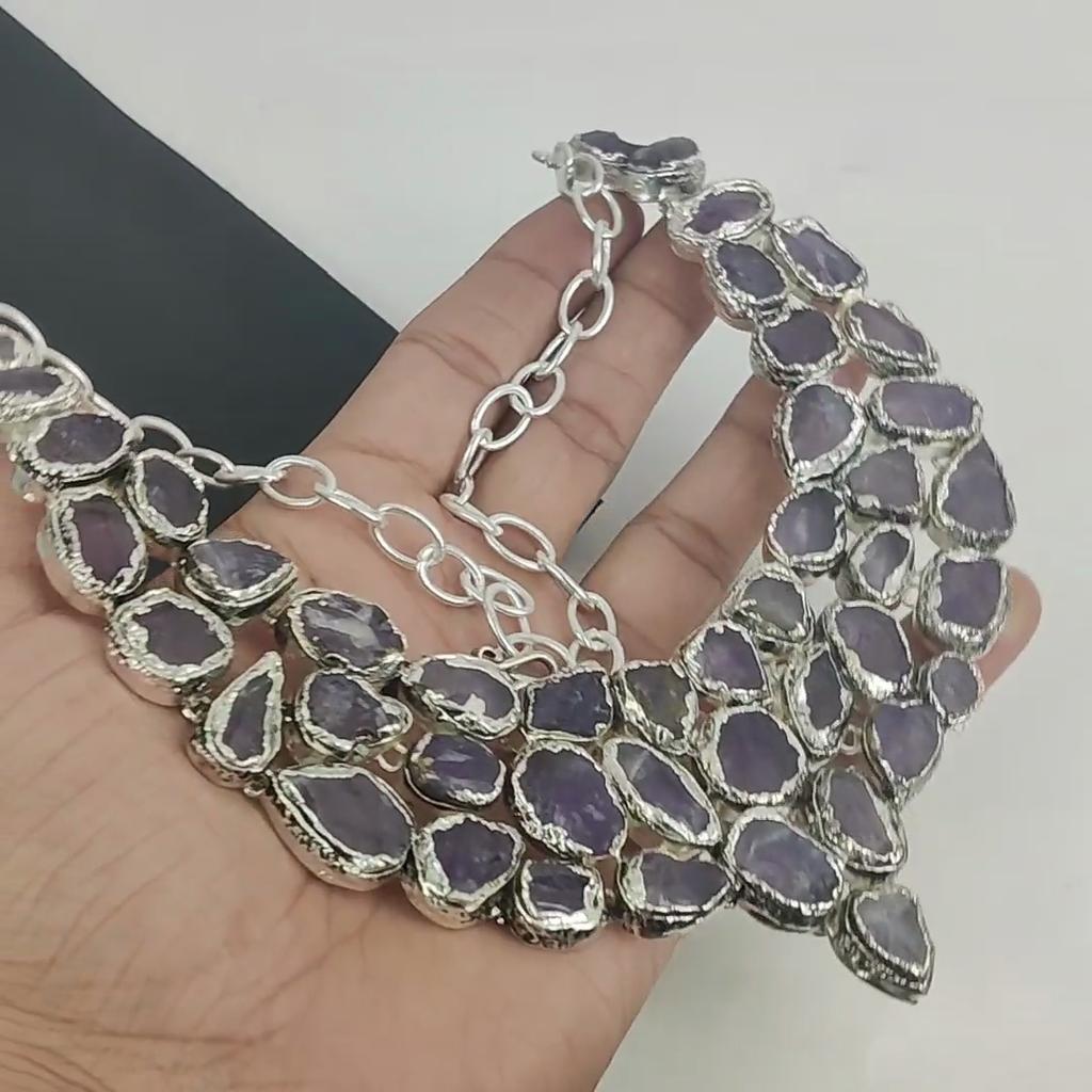 Dainty Raw Amethyst Gemstone Handmade 925 Sterling Silver Electroform Necklace, Raw Amethyst Silver Necklace For Wife, Unisex Necklace Easter Gift