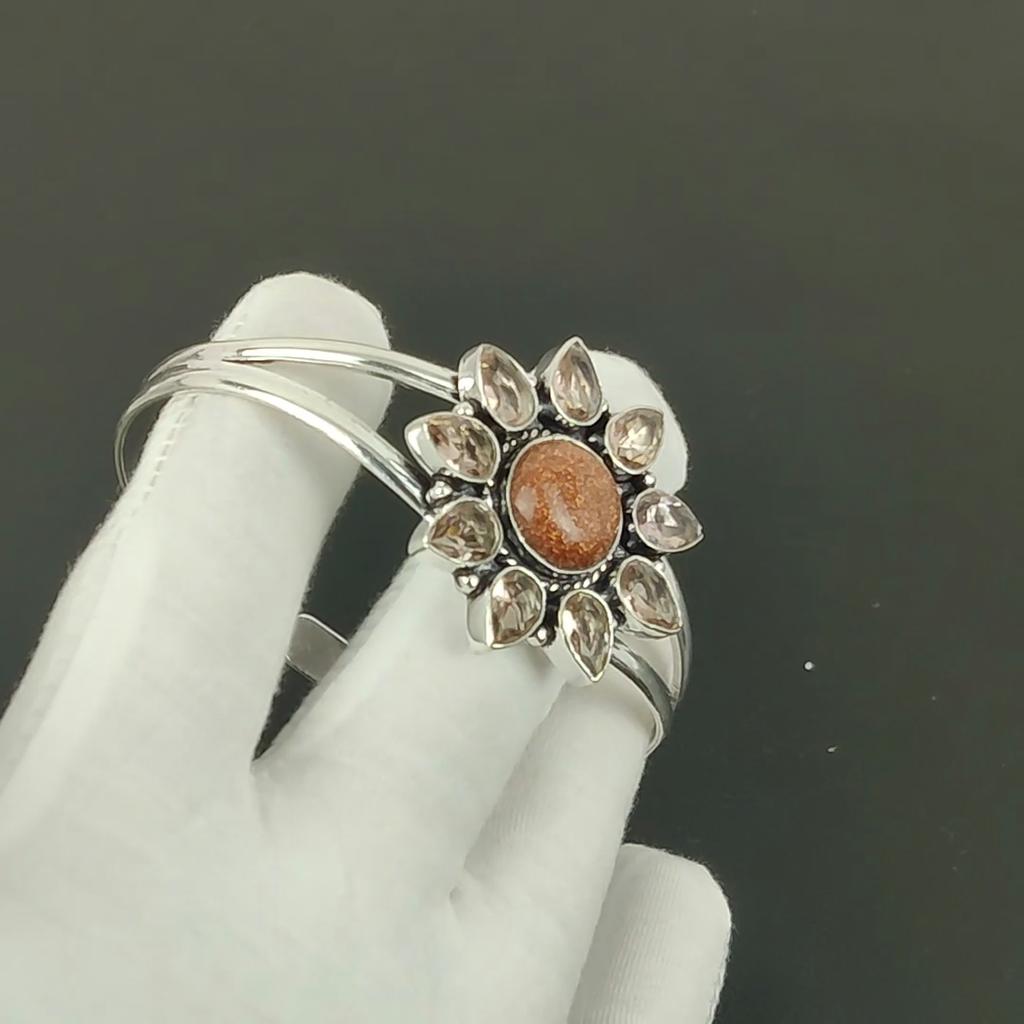 Natürlicher Roter Sonnenstein Edelstein Handgefertigter Armreif 925 Sterlingsilber Armreif, Morganit Blume Form Armband für Ehefrau, Unisex Armreif