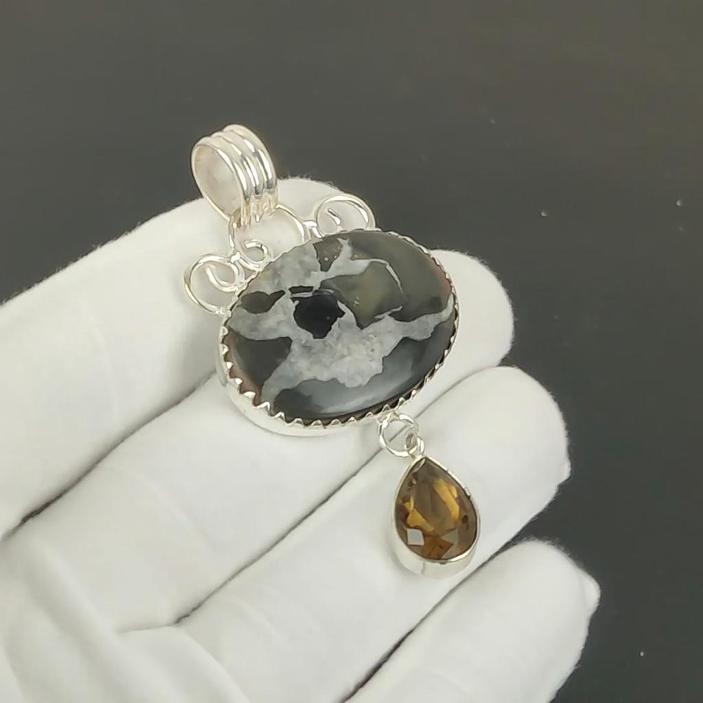 Mud Crack Fossil Pendant, 925 Sterling Silver Handmade Jewelry, Smoky Topaz Silver Pendant, Party Wear Jewelry For Women's, Pendant Christmas Jewelry