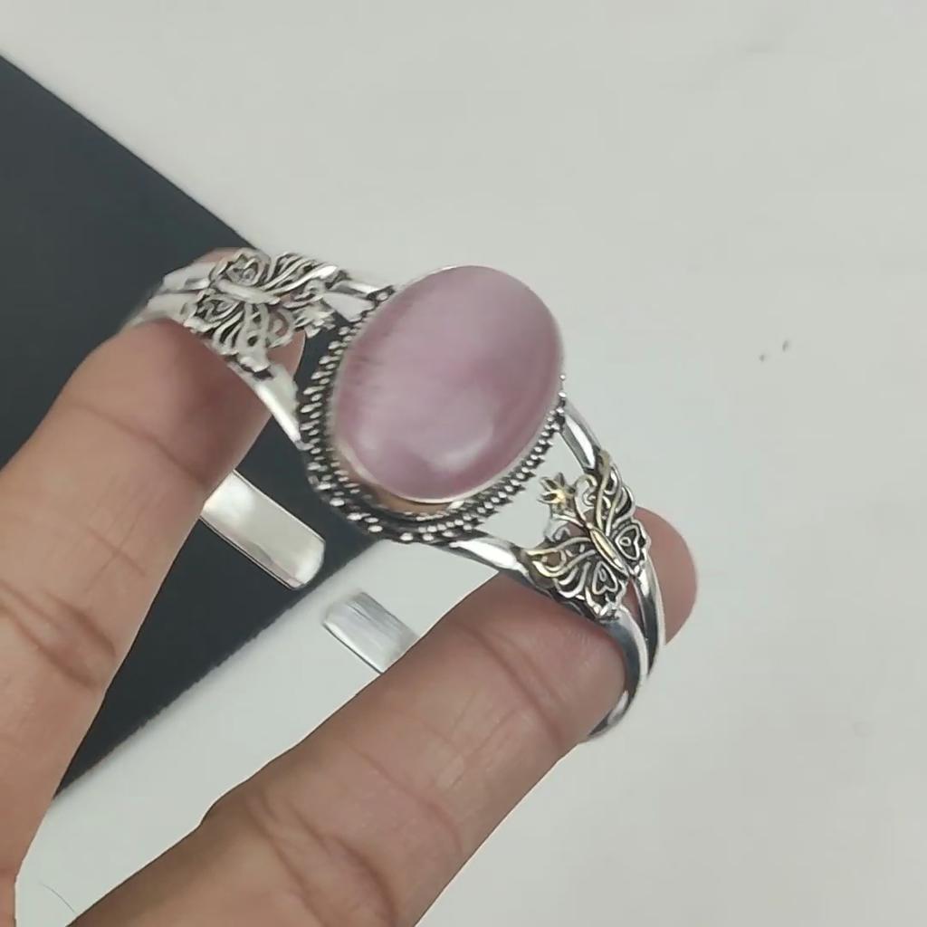 Natural Pink Monalisa Gemstone Handmade 925 Sterling Silver Cuff Bangle, Pink Monalisa Bangle,For Wife, Unisex Bangle, Gifts For Party Wear