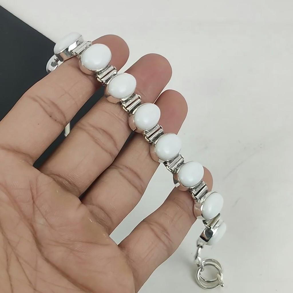Natural White Coral Gemstone Handmade 925 Sterling Silver Bracelet, Blue Sapphire Bracelet For Wife , Unisex Bracelet Father's Day Gift