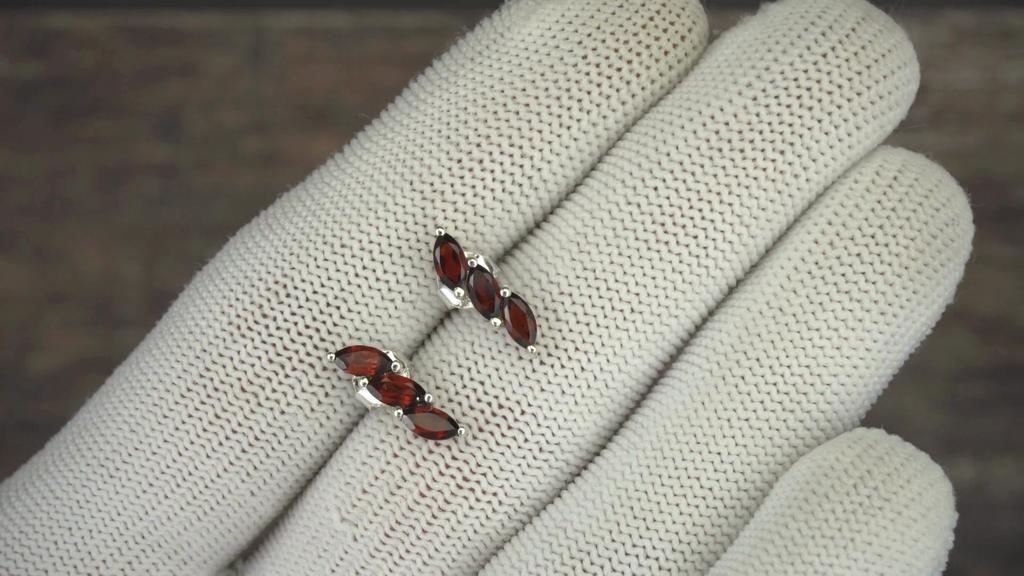 Natural Garnet Marquise Stud Earrings | 925 Sterling Silver Leaf Climber Studs | Red Gemstone Jewelry Gift for Women