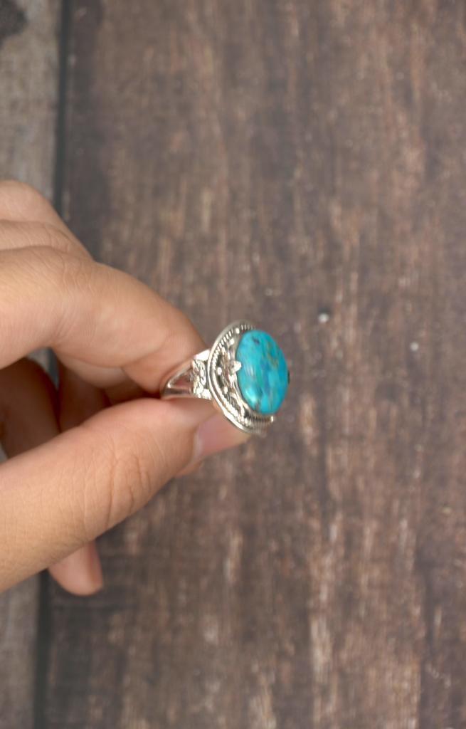 Sterling Silver Turquoise Ring - Vintage Boho Statement Ring for Women with Rope Border Design