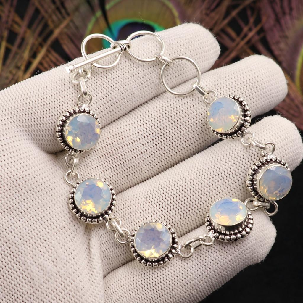 Natural Milky Opal Gemstone 925 Sterling Silver Jewelry Handmade Bracelet 7-9" RB-17-15