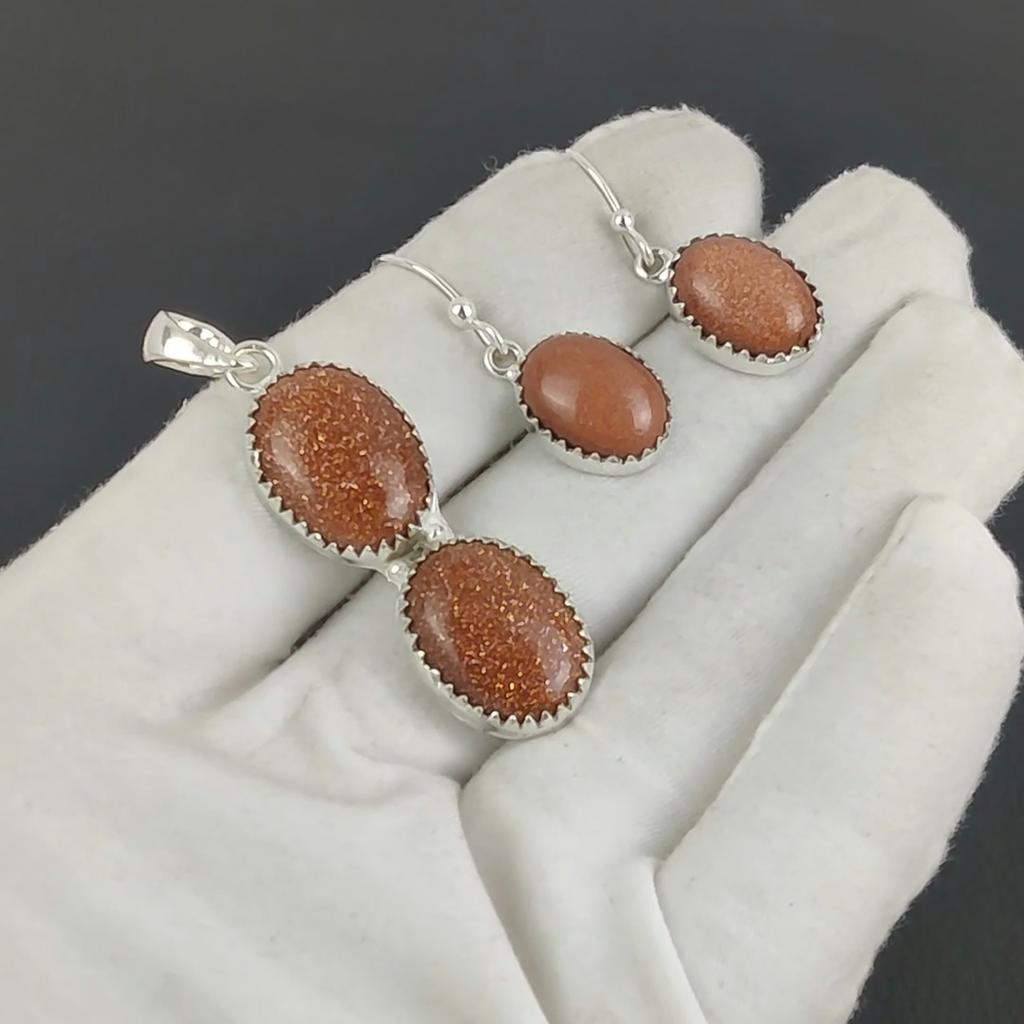 Natural Red Sunstone Pendant Set, Red Sunstone Gemstone Handmade 925 Sterling Silver Earring Pendant Set For Women Pendant Party Wear Gift