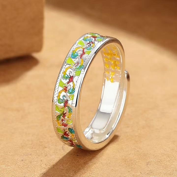 Ancient Craft Enamel Gold-Painted Gingko Vine Heart Sutra Ring for Women – Open Vintage Niche Exquisite Finger Band