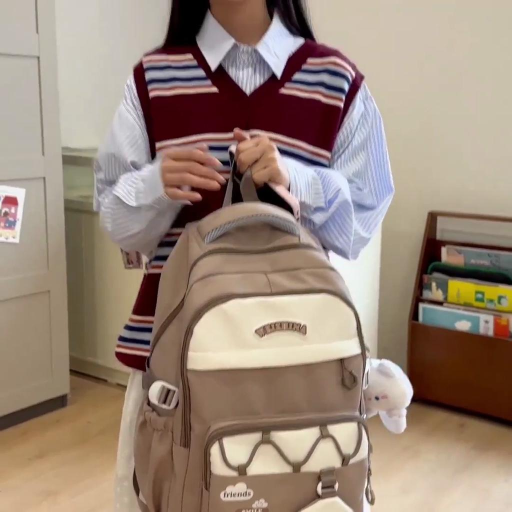 Student Schoolbag Women's Color Contrast Backpack Large Capacity Backpack with Coin Purse