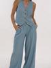 Completo in Lino da Donna - Completo 2 Pezzi Camicia Bottoni Scollo a V Senza Maniche Pantaloni Vita Alta Gamba Larga Set Coordinato