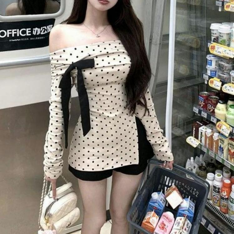 Schulterfreies Polka Dot T-Shirt Damenbekleidung Süß Schlank Stilvoll Schleife Frühling Herbst Pendeln Elegant Off Shoulder Schlitz Pullover