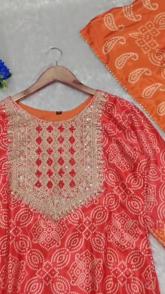 We Are Launching Exclusively  Festive & Party Wear Heavy Embroidery Work [Bandhej] Print Top Sharara With Dupatta