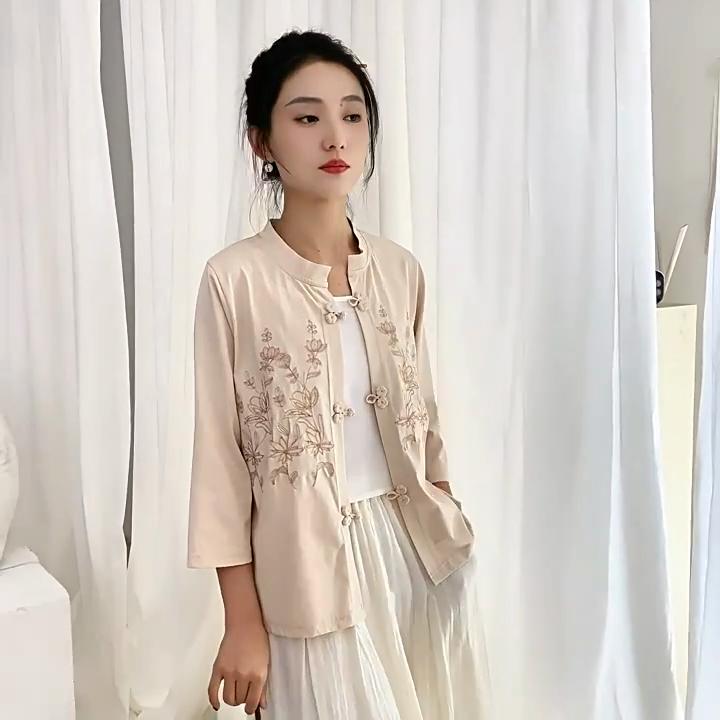 Johnature Bluze de primăvară în stil chinezesc pentru femei, cu broderie florală, cămăși vintage, cu nouă mâneci, culoare uni, cu butoni