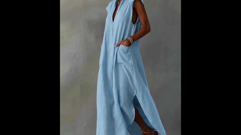 Summer European Style Women Clothing Maxi Dress Cotton Sleeveless Solid Color Loose Fit V-Neck Casual