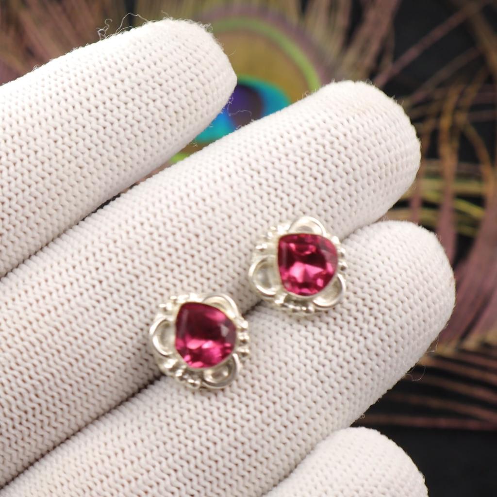 Pink Tourmaline Gemstone Studs 925 Solid Silver Handmade Jewelry Earrings1.7" EE-159-10