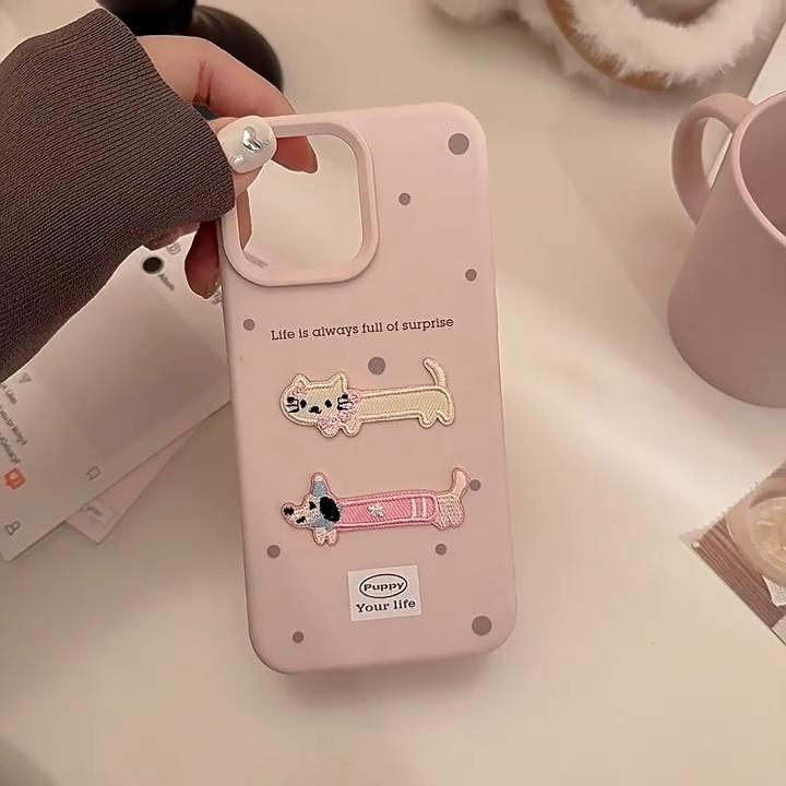 iPhone 16 15 14 Case Compatible and Suitable for 13 12promax Cartoon Cat Cute Stereo Embroidery