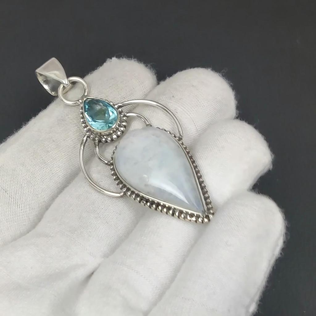 Natural Rainbow Moonstone Gemstone Silver Pendant In 925 Sterling Silver- Handmade Design, Everyday Wear Jewelry, Unique Blue Topaz Pendant