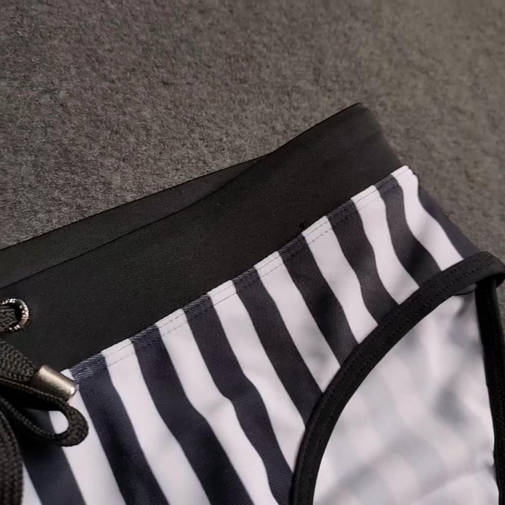Men Black and White Strips Padded Swimming Briefs with Push-Up