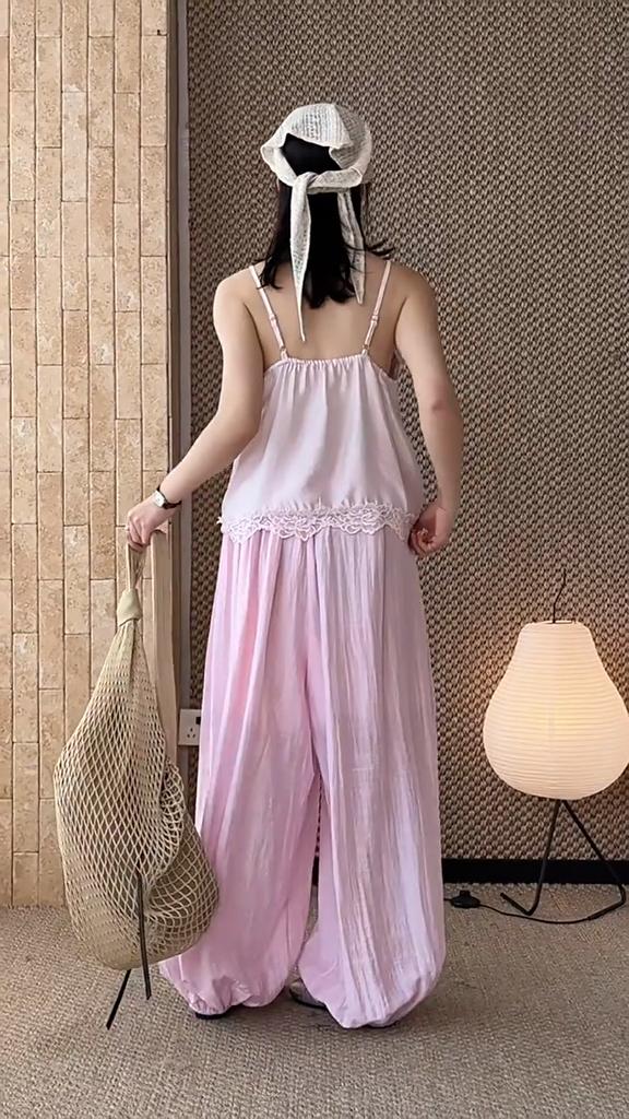 Johnature Minimalist Elastic Drawstring Pleated Casual Pants Summer Comfortable Loose Relaxed Jogger Pants For Women