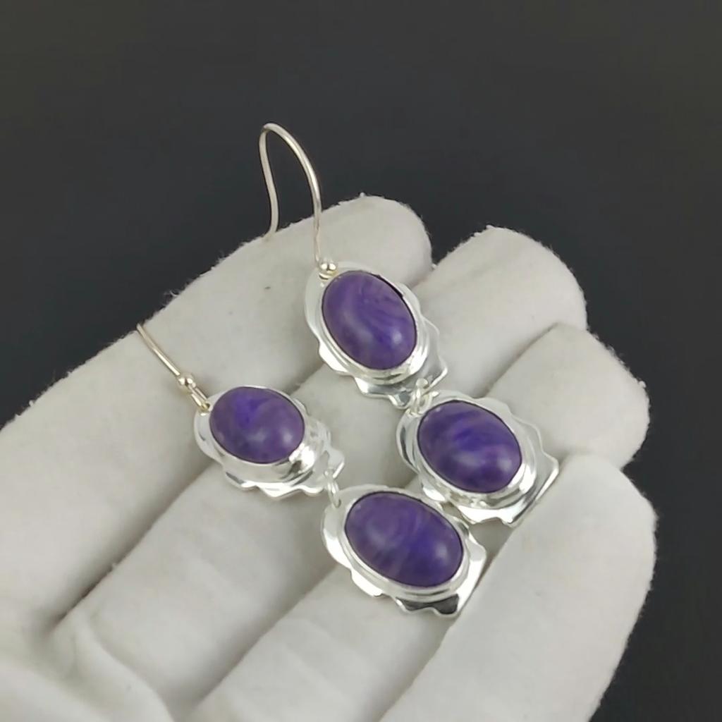 Natural Charoite Gemstone Hook Earrings 925 Sterling Silver Earring, Handmade Boho Silver Jewelry Dangle Earrings, Party Wear Gift