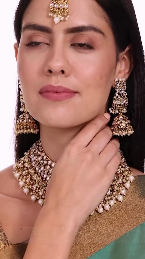 Tone Kundan & Pearls Bridal Choker Necklace Set For Women