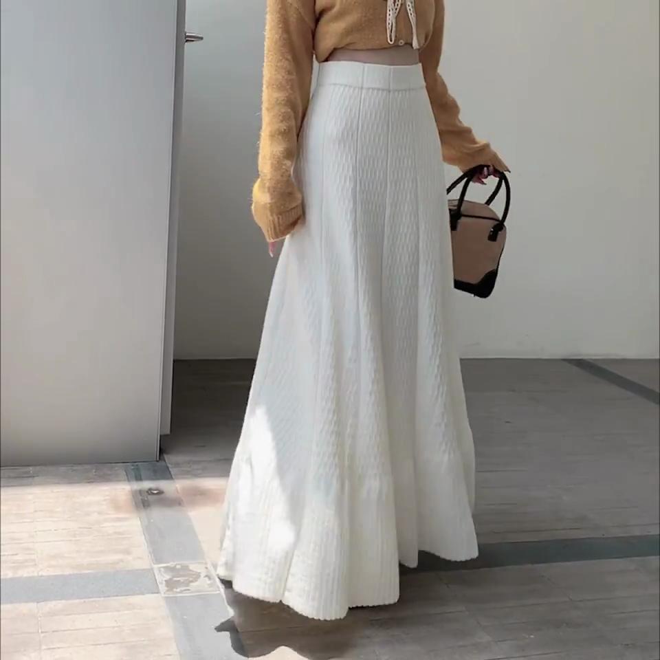 Elegant Fashion Autumn Winter Women Maxi Long Ruffles Skirt High Waist Beige Black Gray Knitted Skirt Knitted Sweet Princess Warm Skirt
