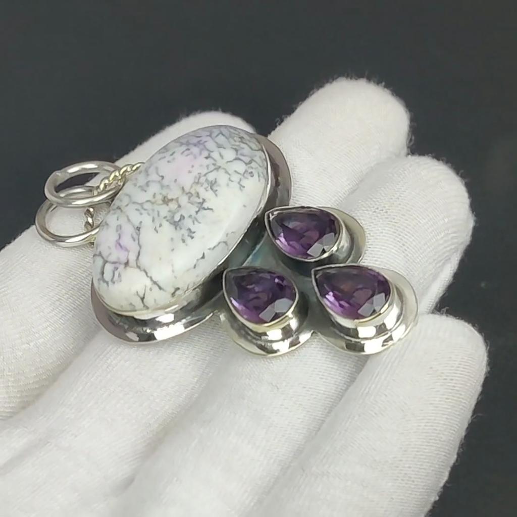 Dendrite Opal, Amethyst Gemstone Silver Pendant, 925 Sterling Silver Jewelry Pendant, Natural Dendrite Opal Pendant For Women/ For Her