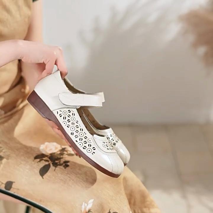 Johnature Genuine Leather Soft Soled Sandals Shallow Breathable Casual Hollow-out Women's Shoes