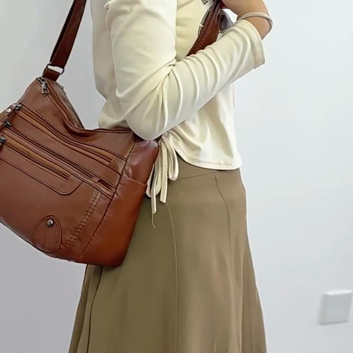 Multi-pocket Middle-aged Soft Leather Bag 2025 New Waterproof PU Shoulder Bag Multi-layer Large-capacity Fashion Commuter Crossbody Bag