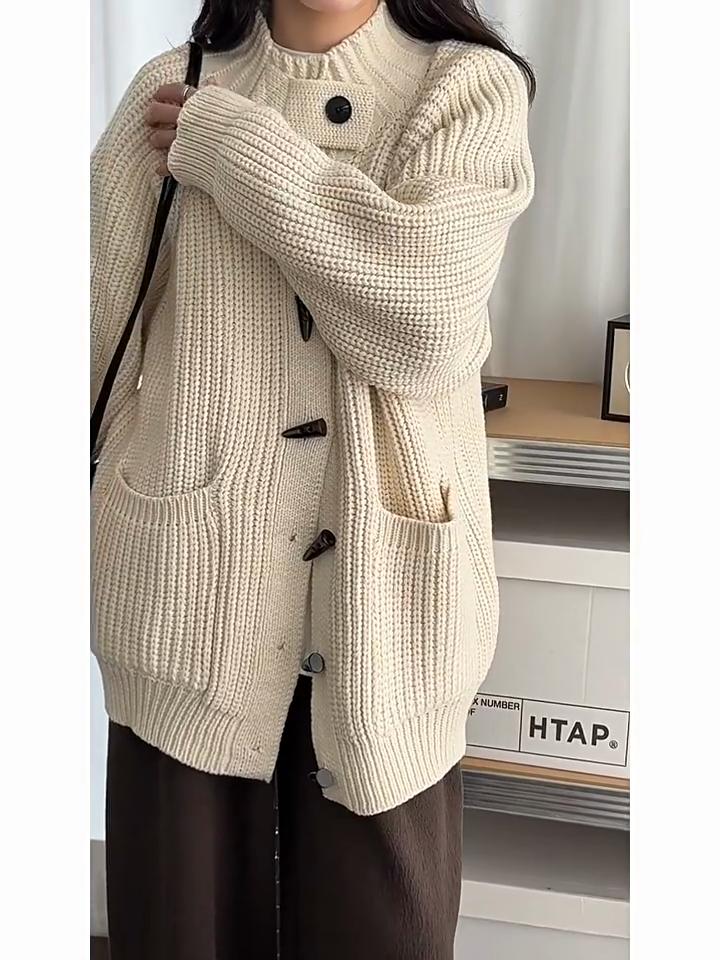 Johnature Cardigan Lento Vintage a Maglia Grossa Stile Francese Maglione Donna Autunno Inverno Bottone a Leva Casual Versatile Giacche