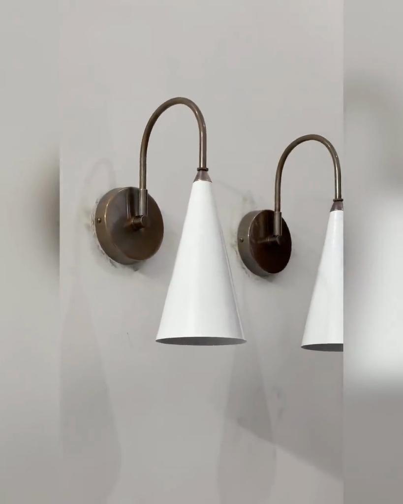 Brass Wall Sconce: Mid Century White Cone Lamp, Adjustable Diabolo Light
