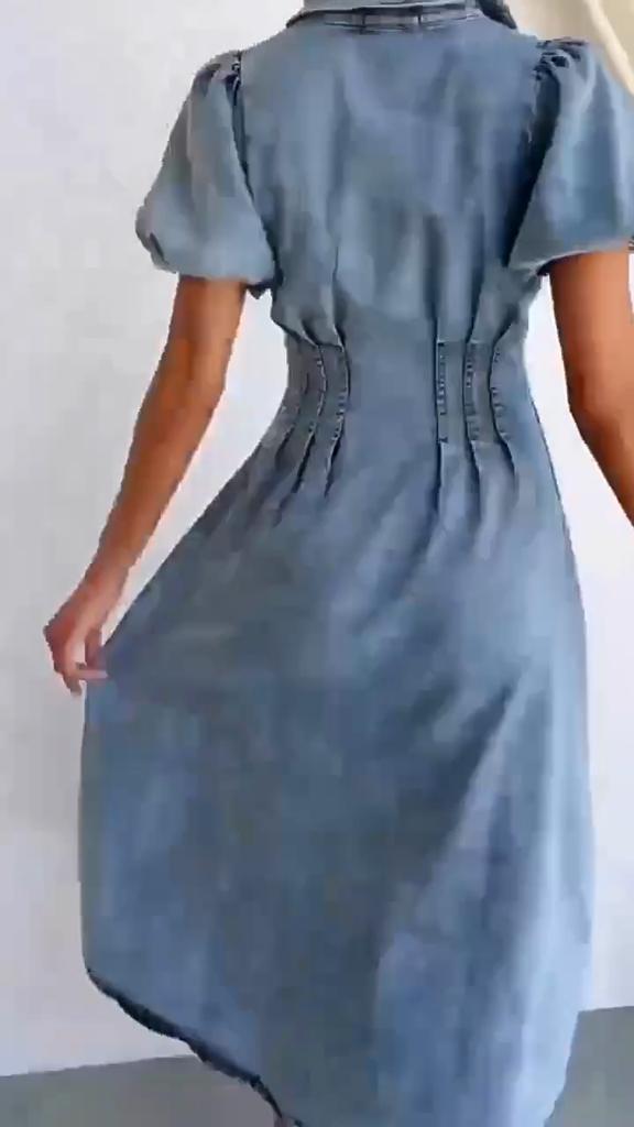 2025 Spring and Summer Puff Sleeve Short-sleeved Distressed Casual Style Shirt Denim Long Dress Single-breasted Waist Denim Long Skirt Retro