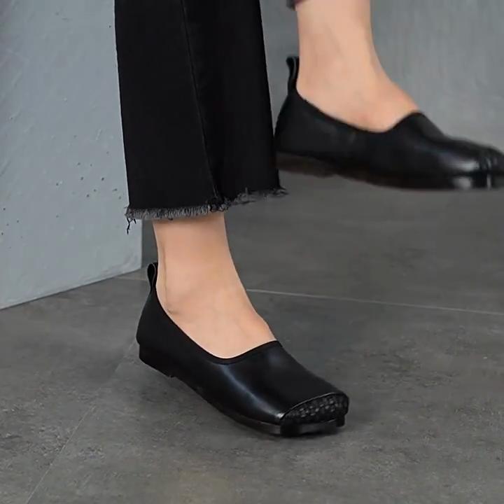 Johnature Retro Flache Schuhe mit weicher Sohle Eckige Spitze Echtes Leder Vielseitige Damen Slipper