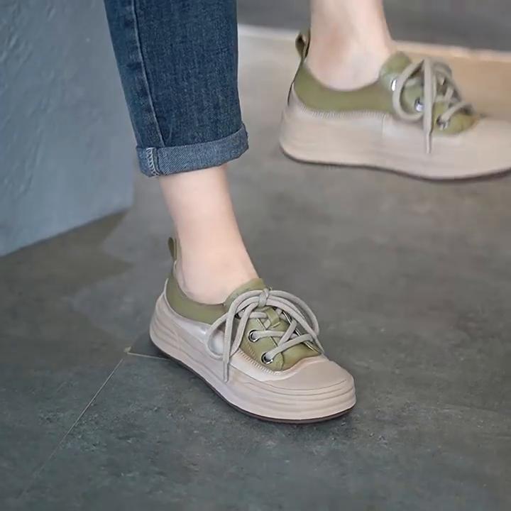 Johnature Γνήσιο δέρμα Casual Flats Γυναικεία παπούτσια με στρογγυλά δάχτυλα με κορδόνια με μαλακό κάτω μέρος, βουλκανιζέ παπούτσια