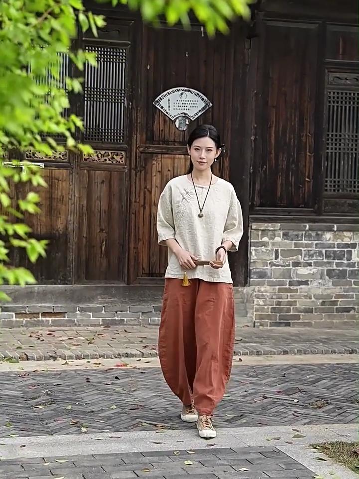Johnature Women Vintage T-Shirts Summer Chinese Style Solid Color Loose O-Neck Seven Sleeve T-Shirts