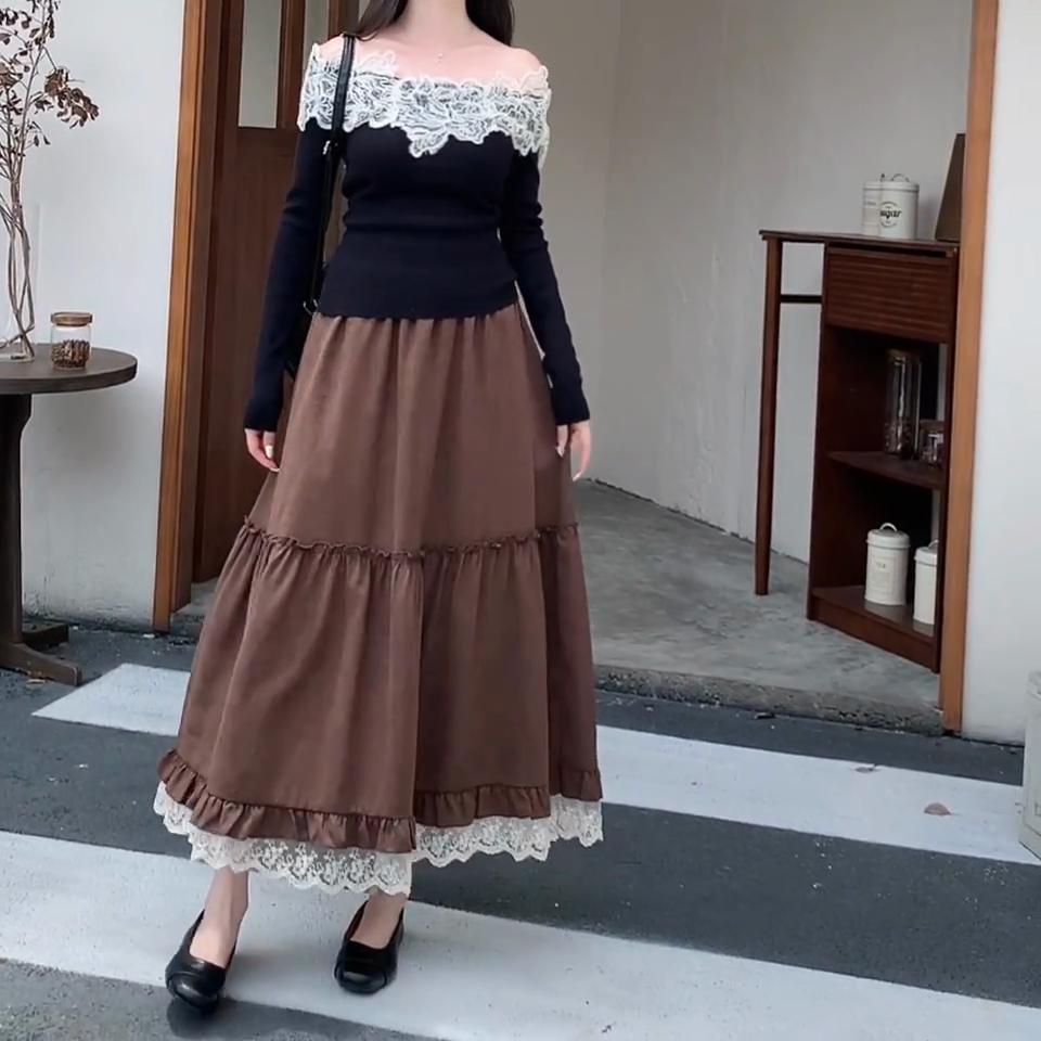 Francouzský Styl Podzim Zima Dámská Princeznovská Midi Sukně Vysoký Pas Černá Béžová Hnědá Krajka Volány Sukně Sladké Elegantní Ženské Sukně