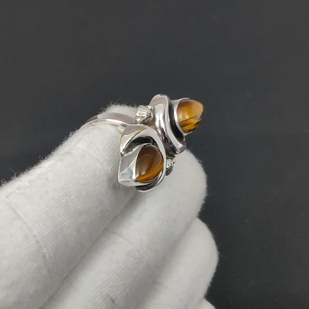 Tiger Eye Gemstone Adjustable 925 Sterling Silver Ring - Fits US Sizes 6 to 10 - Handmade Boho Jewelry for Women & Men, Valentine Gifts