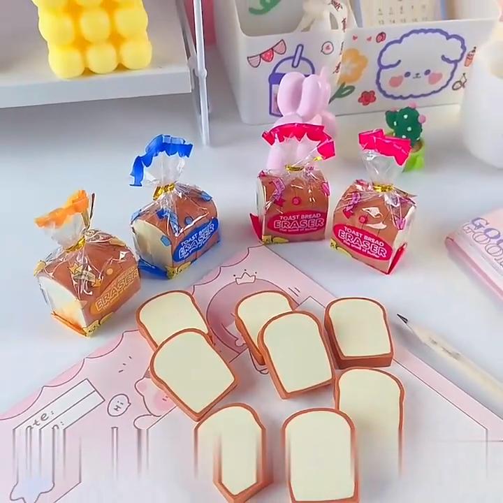 4Pcs/Set Pencil Erasers Cute Cartoon Realistic High Toughness Traceless Labor-saving Wipe Clean Christmas Gift Funny Toast Bread Kids Students Erasers