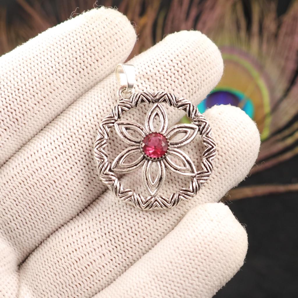 Přírodní růžový rubelitový drahokam 925 Sterlingové stříbro Etnický šperk Přívěsek 1,48" CP-29-17