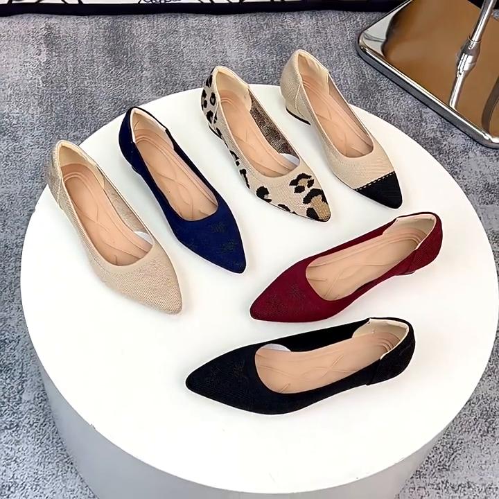 Pointed Toe Shallow Mouth Fabric Flat Bottom Women's Leopard Knitted Soft Bottom Large Shoes Size 34-43