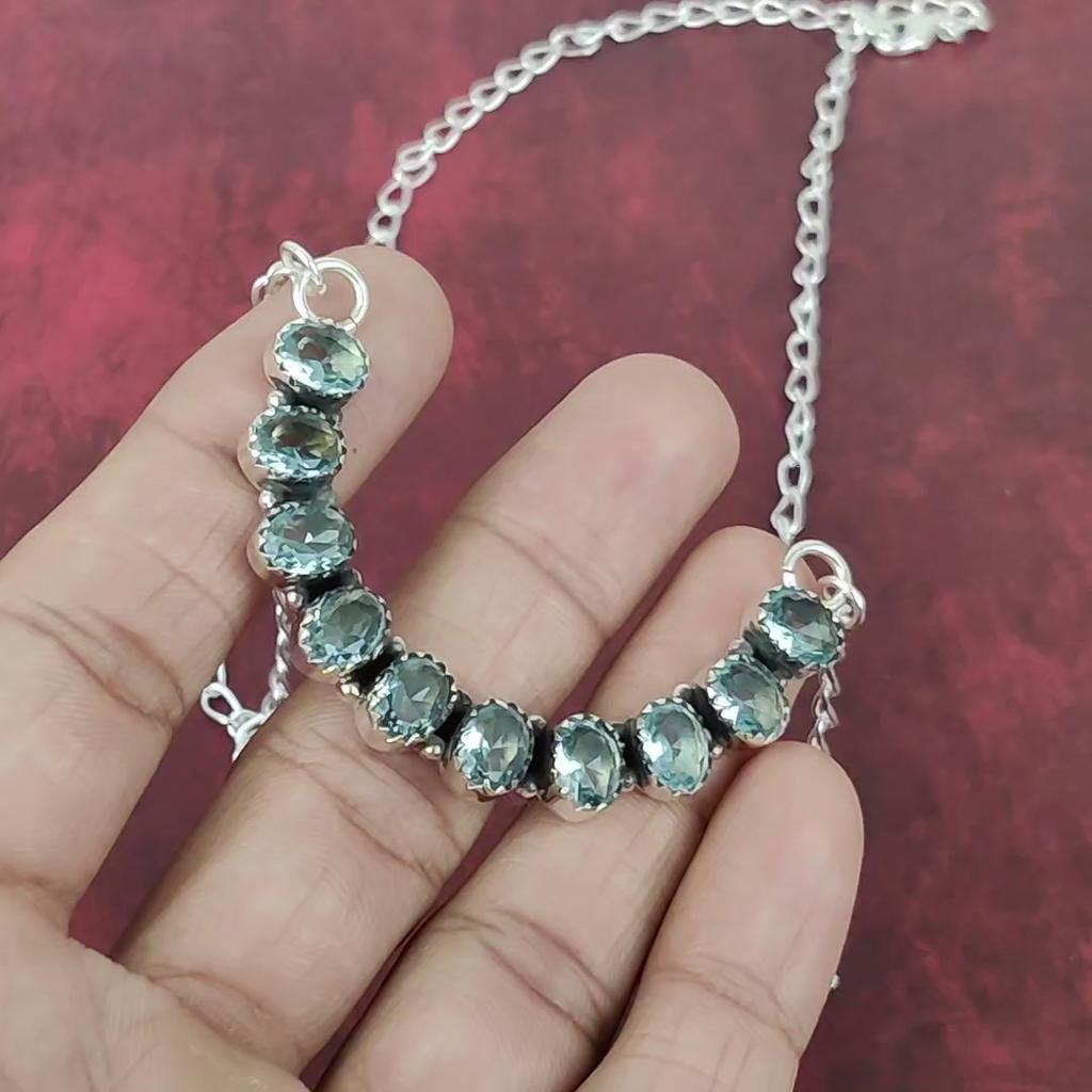 Blue Topaz Necklace 925 Sterling Silver Jewelry, Handmade Necklace Adjustable, Gemstone Jewelry, Engagement Gifts