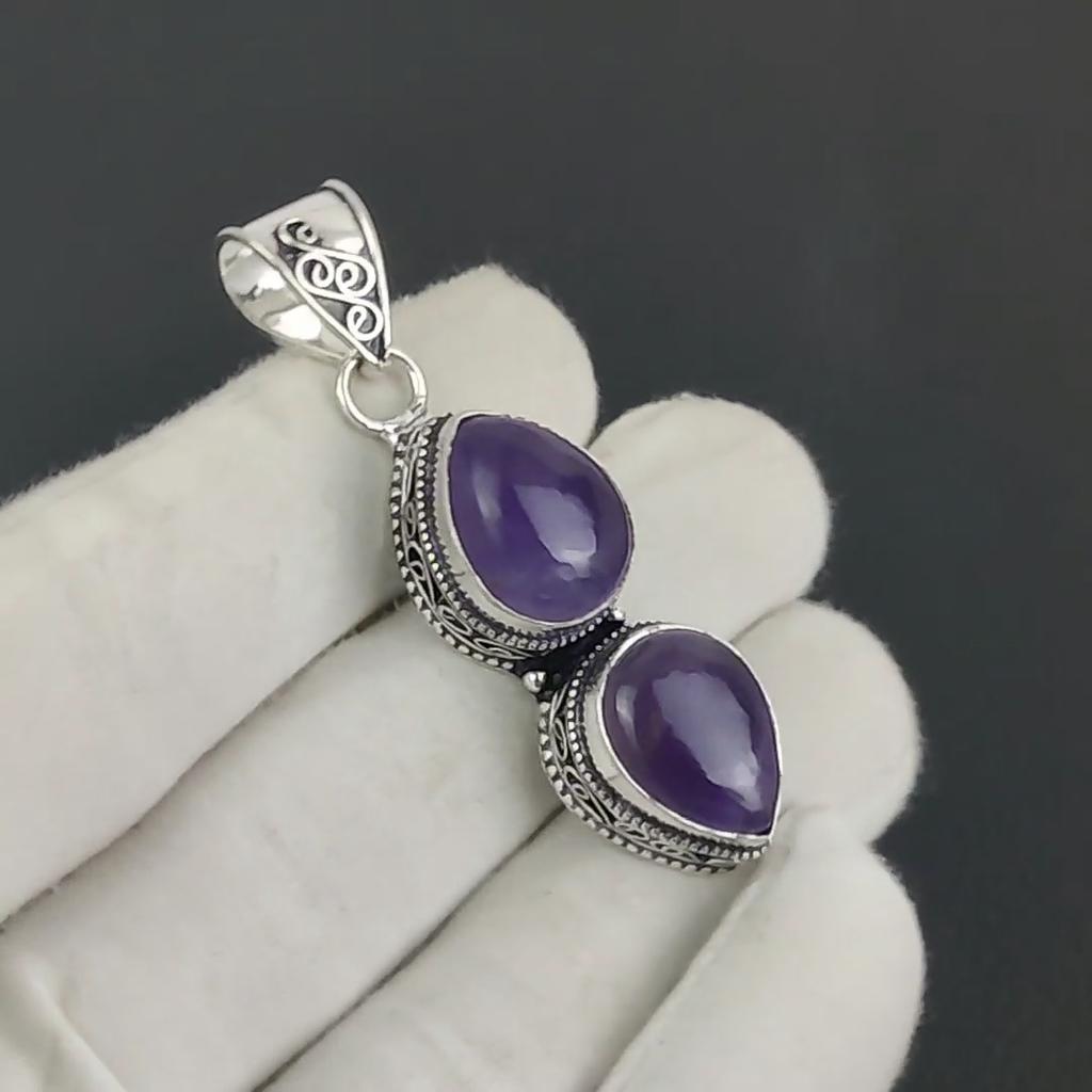 Natural Amethsyt Birthstone Silver Pendant in 925 Sterling Silver - Handmade Pear Design, Everyday Wear Jewelry Party Wear Gift